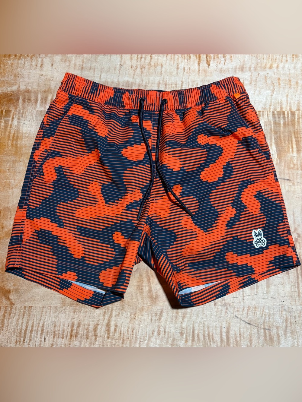 Psycho Bunny Men's Orange & Black Camouflage Swim Trunks - Size Mens XS